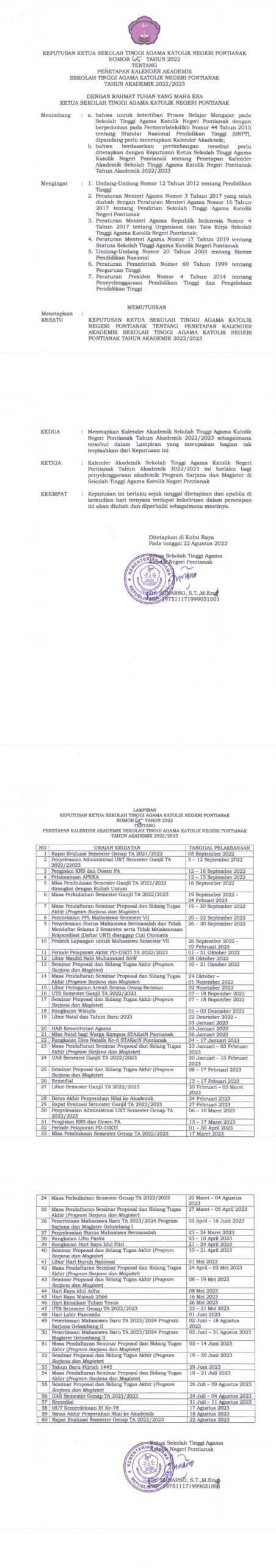 PENETAPAN KALENDER AKADEMIK STAKAT NEGERI PONTIANAK T.A 2022/2023